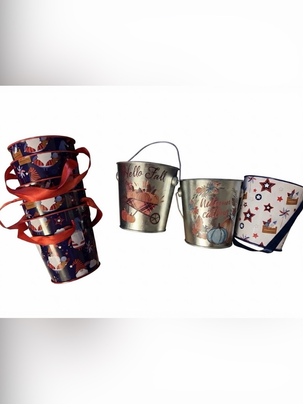 8 miniature tin buckets
